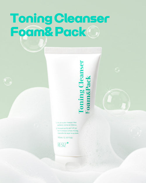 Toning Cleanser Foam & Pack with bubbles on a light green background