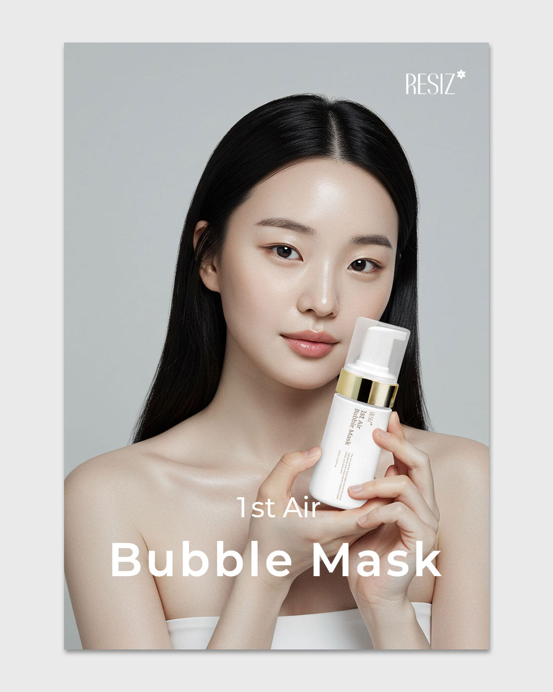 Woman holding a bottle of '1st Air Bubble Mask' with 'BESTZ' branding on a gray background